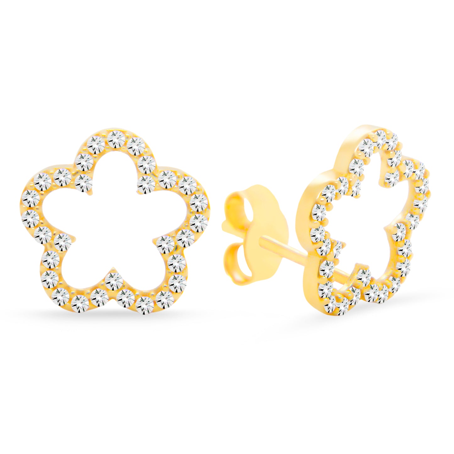 14K Yellow Gold Large Open Flower Pave White CZ Stud Pushback Earrings