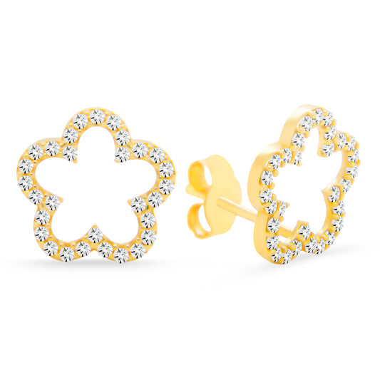 14K Yellow Gold Large Open Flower Pave White CZ Stud Pushback Earrings