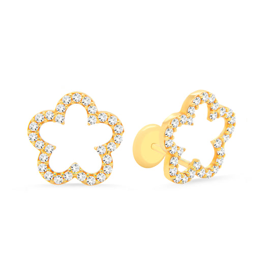 14K Yellow Gold Medium Open Flower Pave White CZ Stud Screwback Earrings