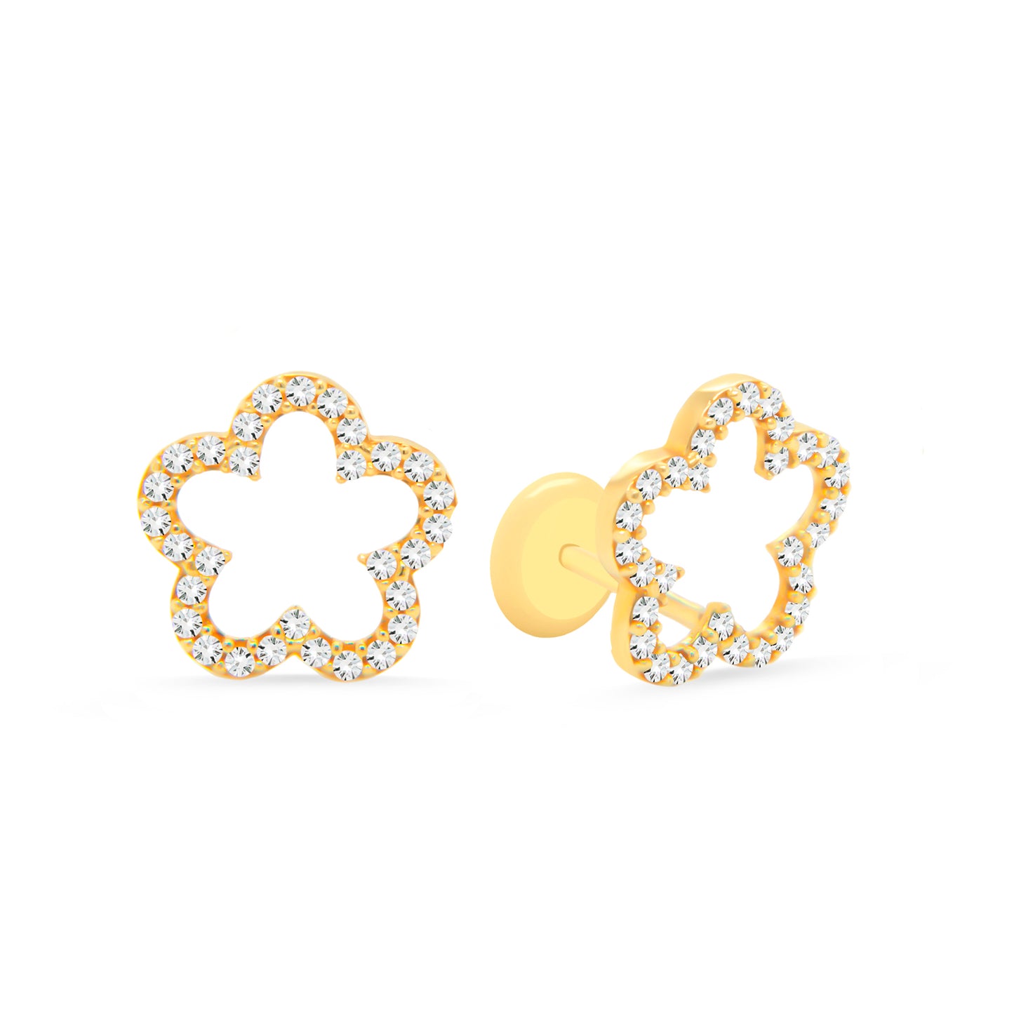 14K Yellow Gold Small Open Flower Pave White CZ Stud Screwback Earrings