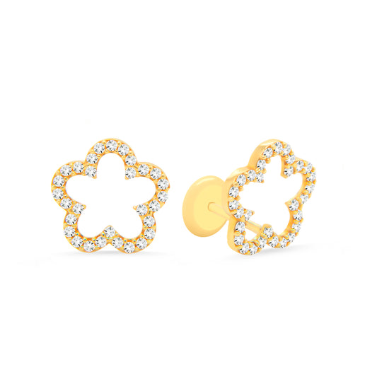 14K Yellow Gold Small Open Flower Pave White CZ Stud Screwback Earrings