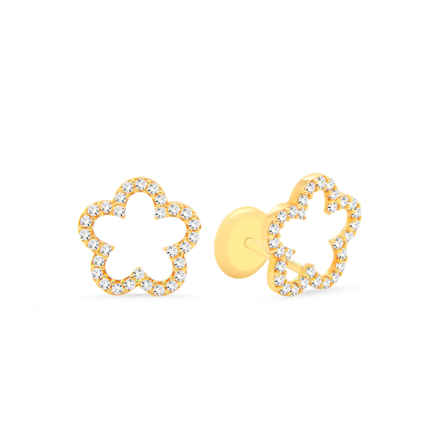 14K Yellow Gold Extra Small Open Flower Pave White CZ Stud Screwback Earrings