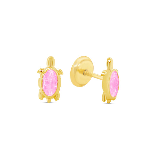 14K Yellow Gold Turtle with Pink CZ Center Stud Screwback Earrings