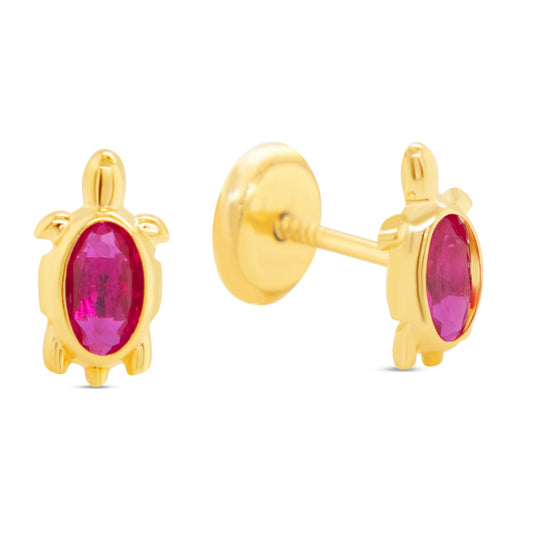 14K Yellow Gold Turtle with Red CZ Center Stud Screwback Earrings