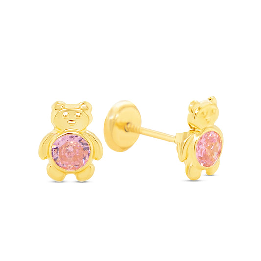 14K Yellow Gold Teddy Bear with Pink CZ Center Stud Screwback Earrings