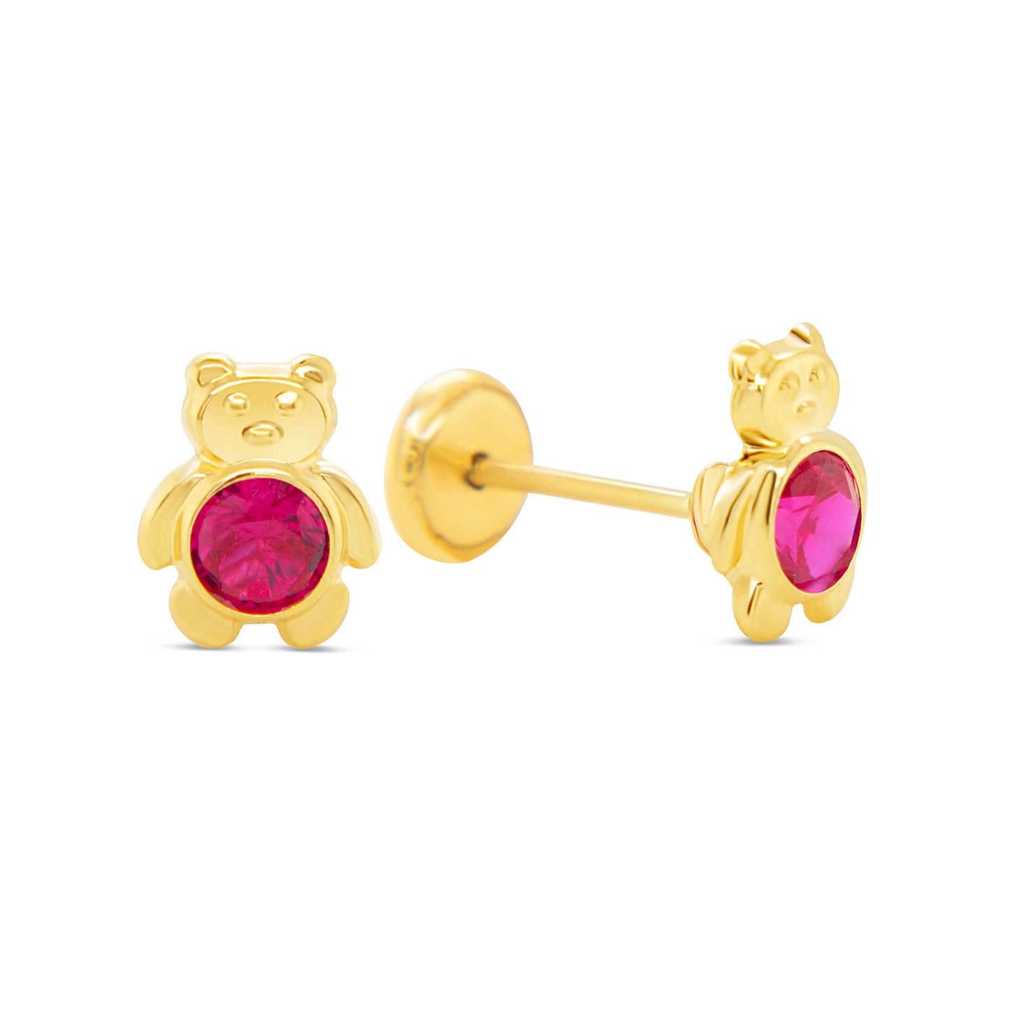 14K Yellow Gold Teddy Bear with Red CZ Center Stud Screwback Earrings