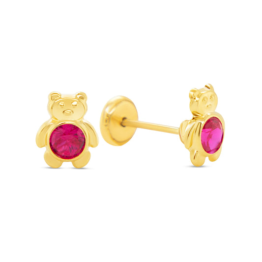 14K Yellow Gold Teddy Bear with Red CZ Center Stud Screwback Earrings