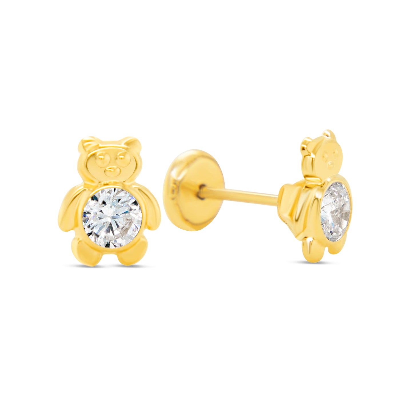 14K Yellow Gold Teddy Bear with White CZ Center Stud Screwback Earrings