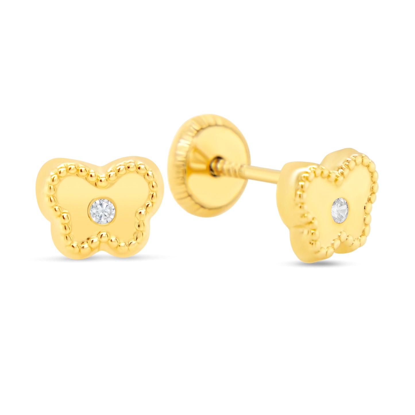 14K Yellow Gold Solitaire with CZ Accents Beaded Butterfly Stud Screwback Earrings