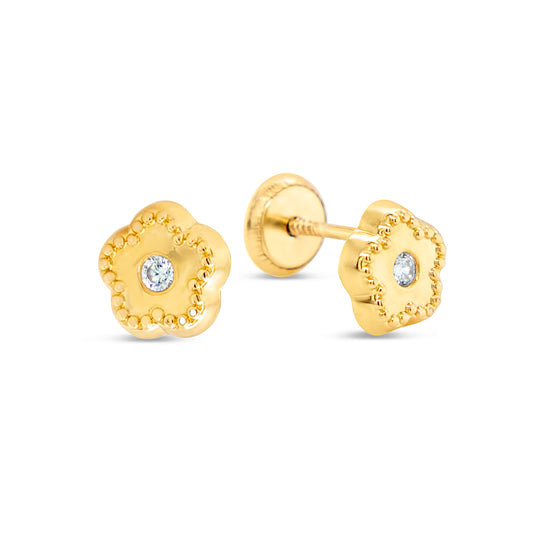 14K Yellow Gold Medium Dotted Bloom Flower with CZ Center Stud Screwback Earrings