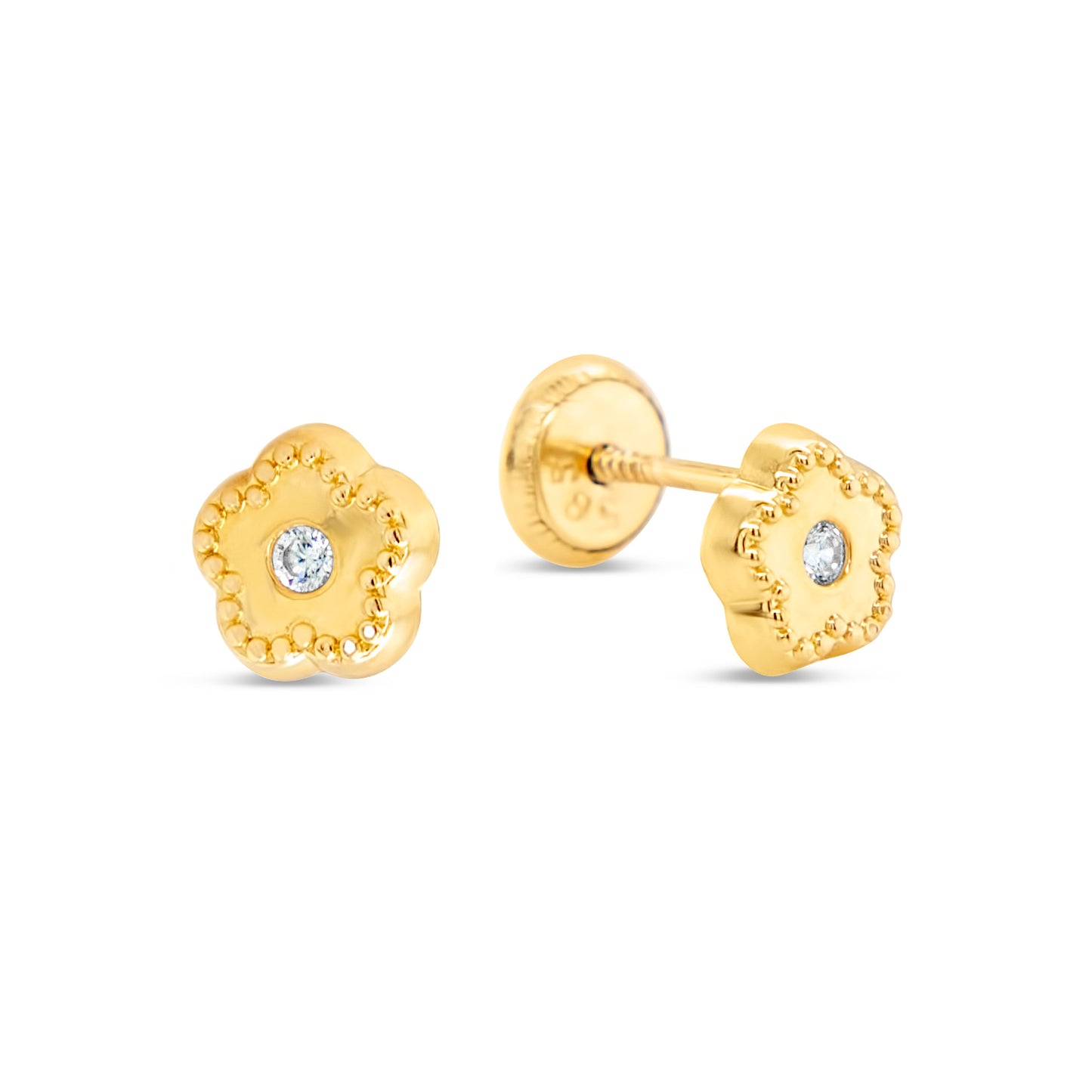 14K Yellow Gold Small Dotted Bloom Flower with CZ Center Stud Screwback Earrings