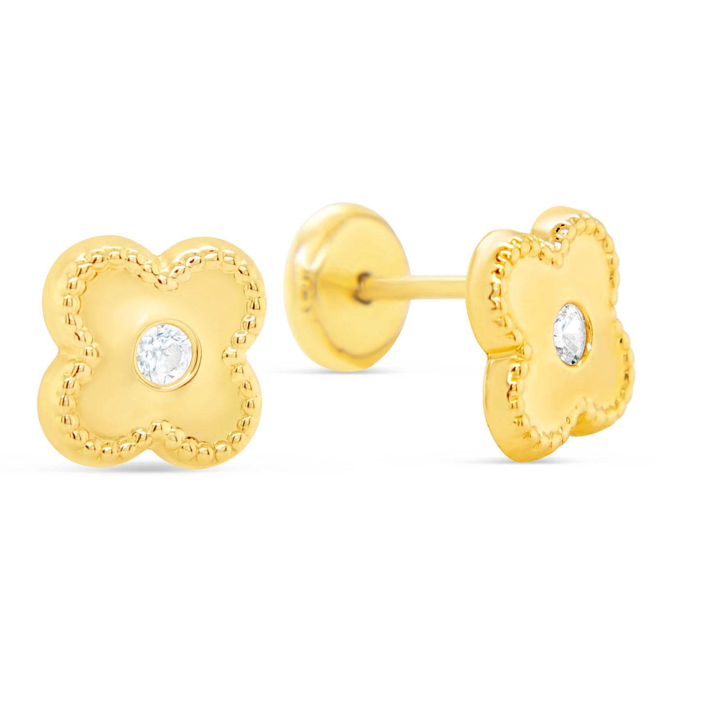 14K Yellow Gold Medium Detailed Clover with CZ Center Stud Screwback Earrings