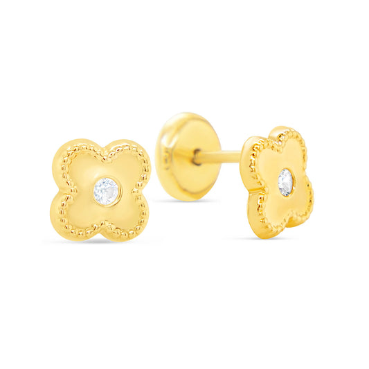 14K Yellow Gold Small Detailed Clover with CZ Center Stud Screwback Earrings