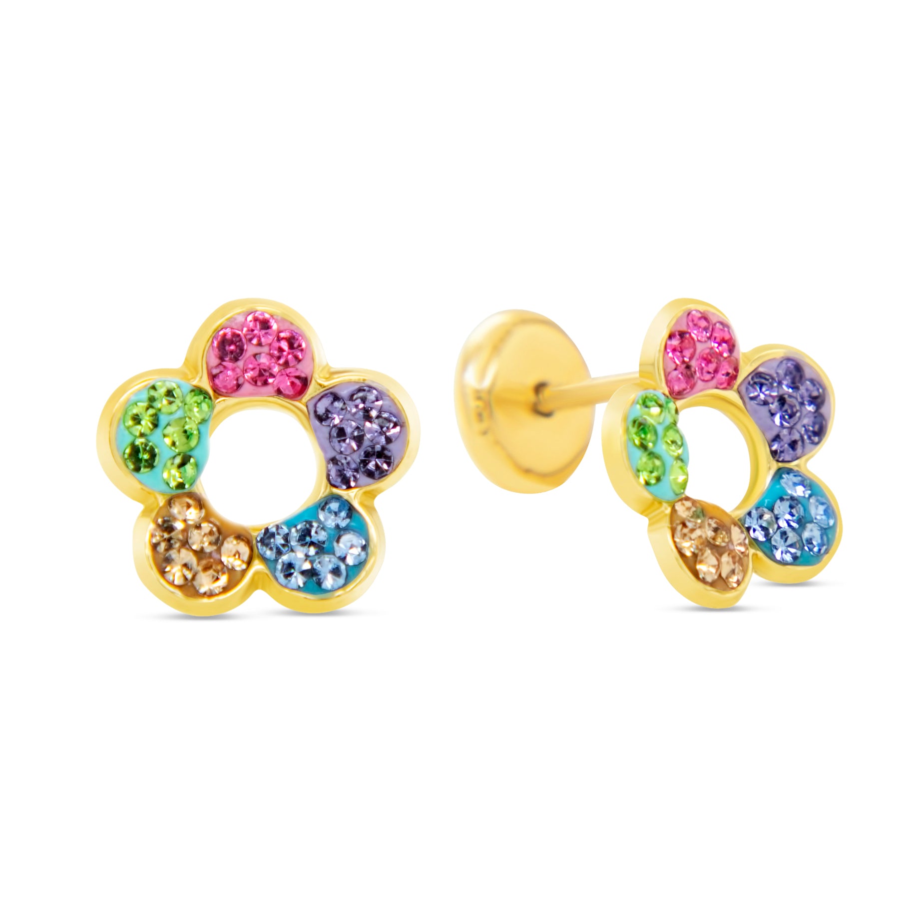 14K Yellow Gold Multicolor Flower Crystal Screwback Earrings