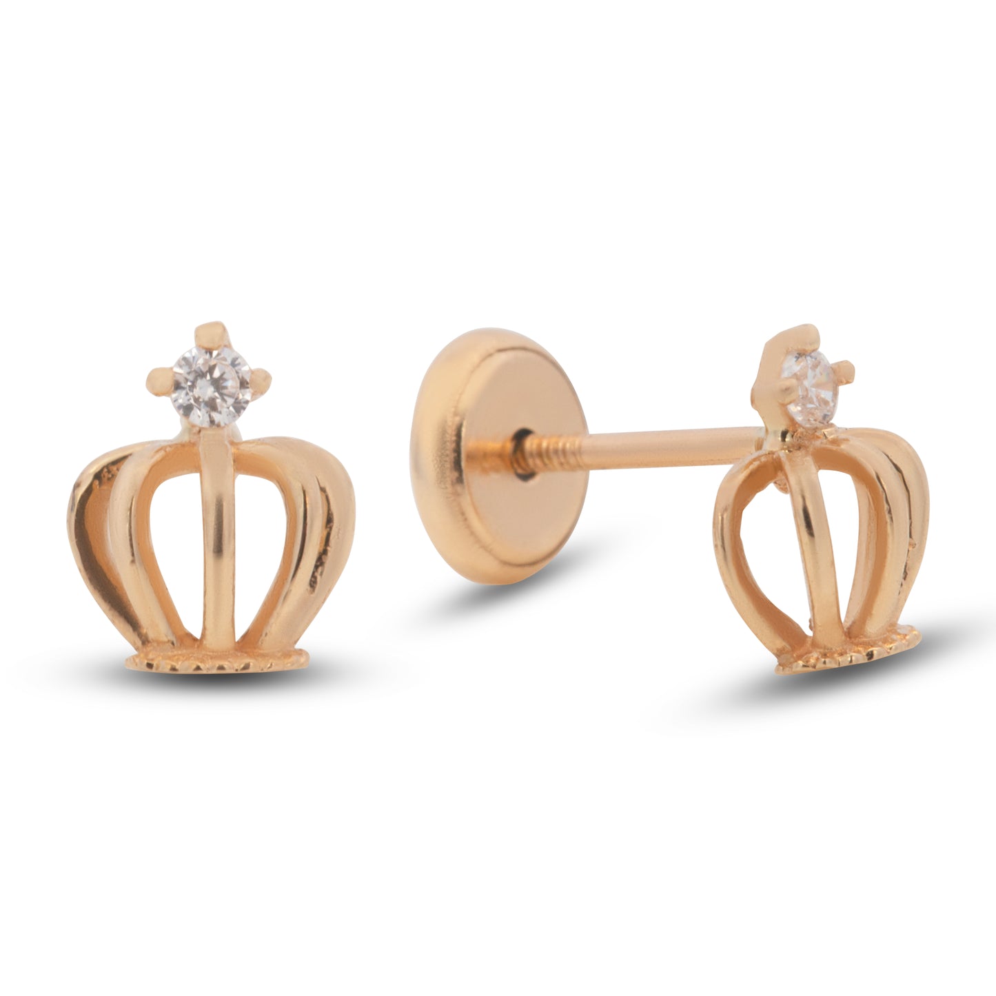14K Yellow Gold Crown with Solitaire White CZ Accent Stud Screwback Earrings