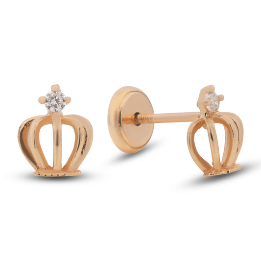 14K Yellow Gold Crown with Solitaire White CZ Accent Stud Screwback Earrings