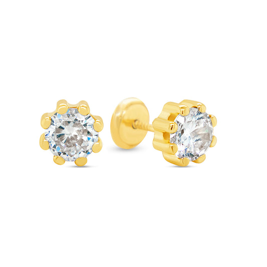 14K Yellow Gold 5MM Pink Round CZ 8-Prong Stud Screwback Earrings
