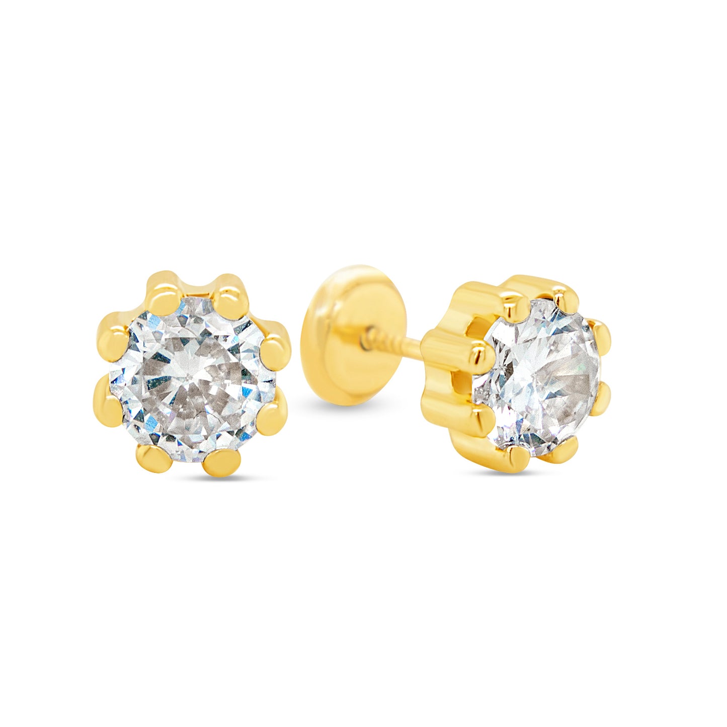 14K Yellow Gold 6MM Pink Round CZ 8-Prong Stud Screwback Earrings
