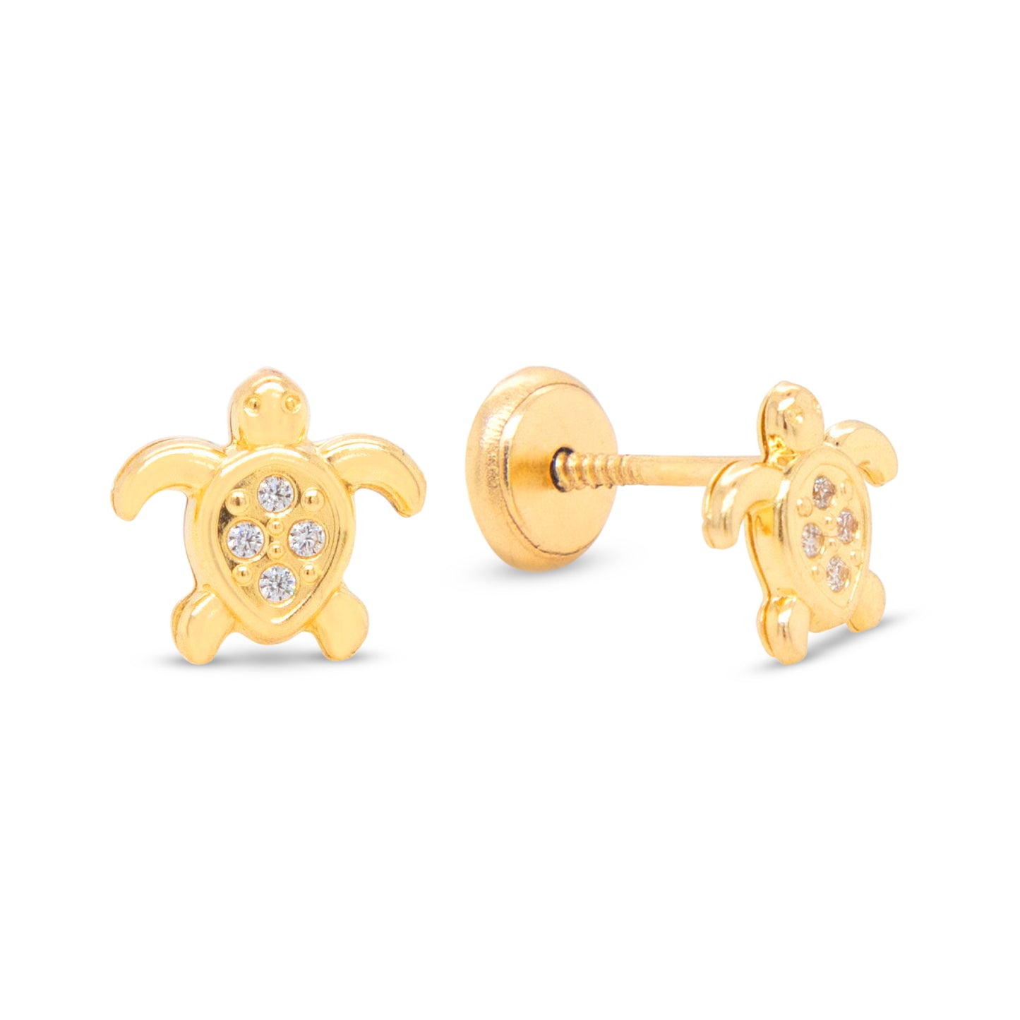 14K Yellow Gold Turtle with White CZ Accents Stud Screwback Earrings