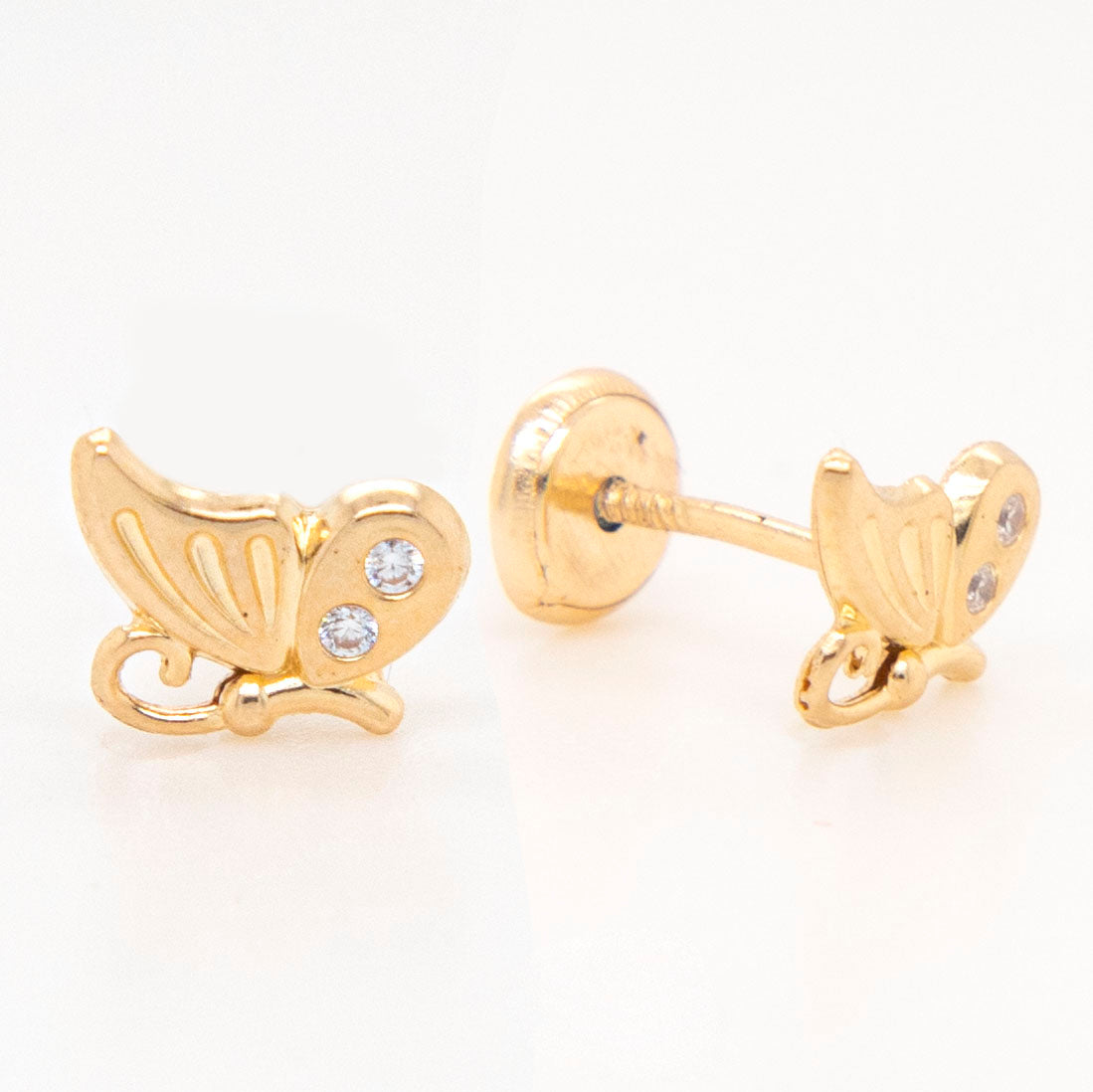 14K Yellow Gold Flying Butterfly with White CZ Accents Stud Screwback Earrings