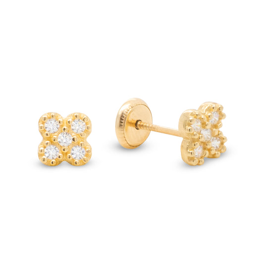 14K Yellow Gold Medium Radiant Pave CZ Clover Stud Screwback Earrings