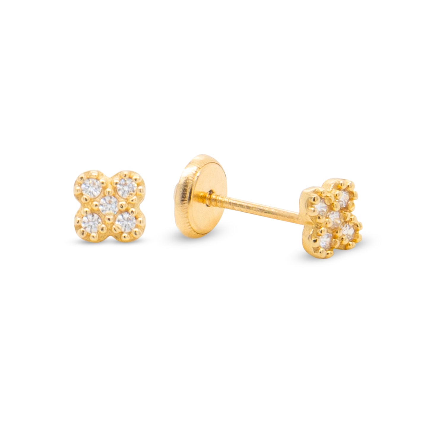 14K Yellow Gold Small Radiant Pave CZ Clover Stud Screwback Earrings