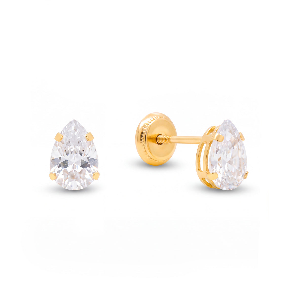 14K Yellow Gold 4MM CZ Pear Cut Stud Screwback Earrings