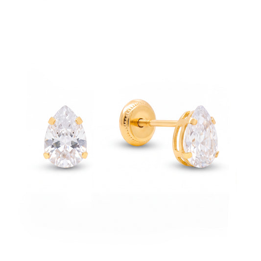 14K Yellow Gold 4MM CZ Pear Cut Stud Screwback Earrings