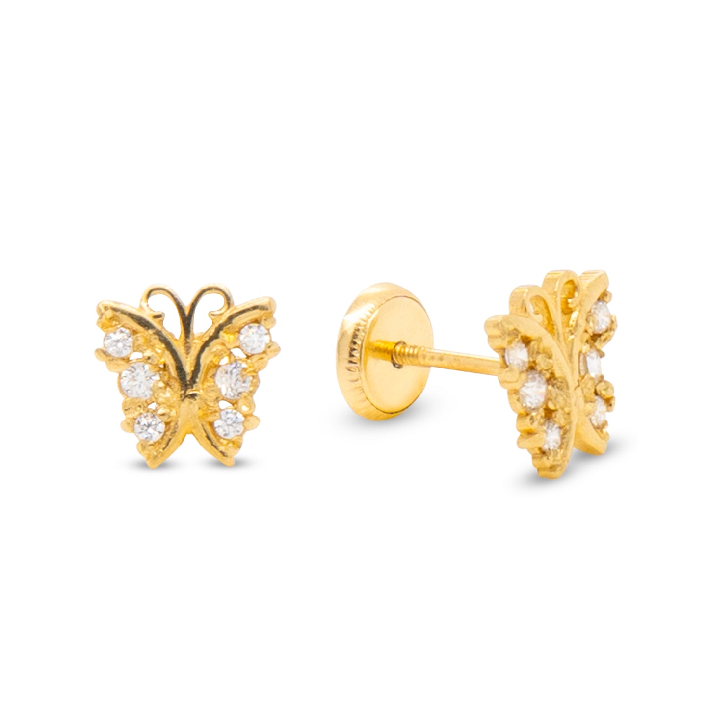 14K Yellow Medium Unique Butterfly with White CZ Accents Stud Screwback Earrings