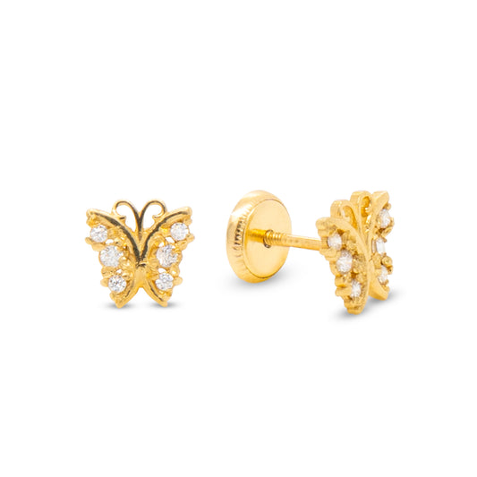 14K Yellow Small Unique Butterfly with White CZ Accents Stud Screwback Earrings