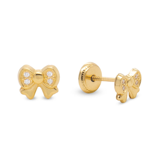 14K Yellow Gold Bow with White CZ Accents Stud Screwback Earrings
