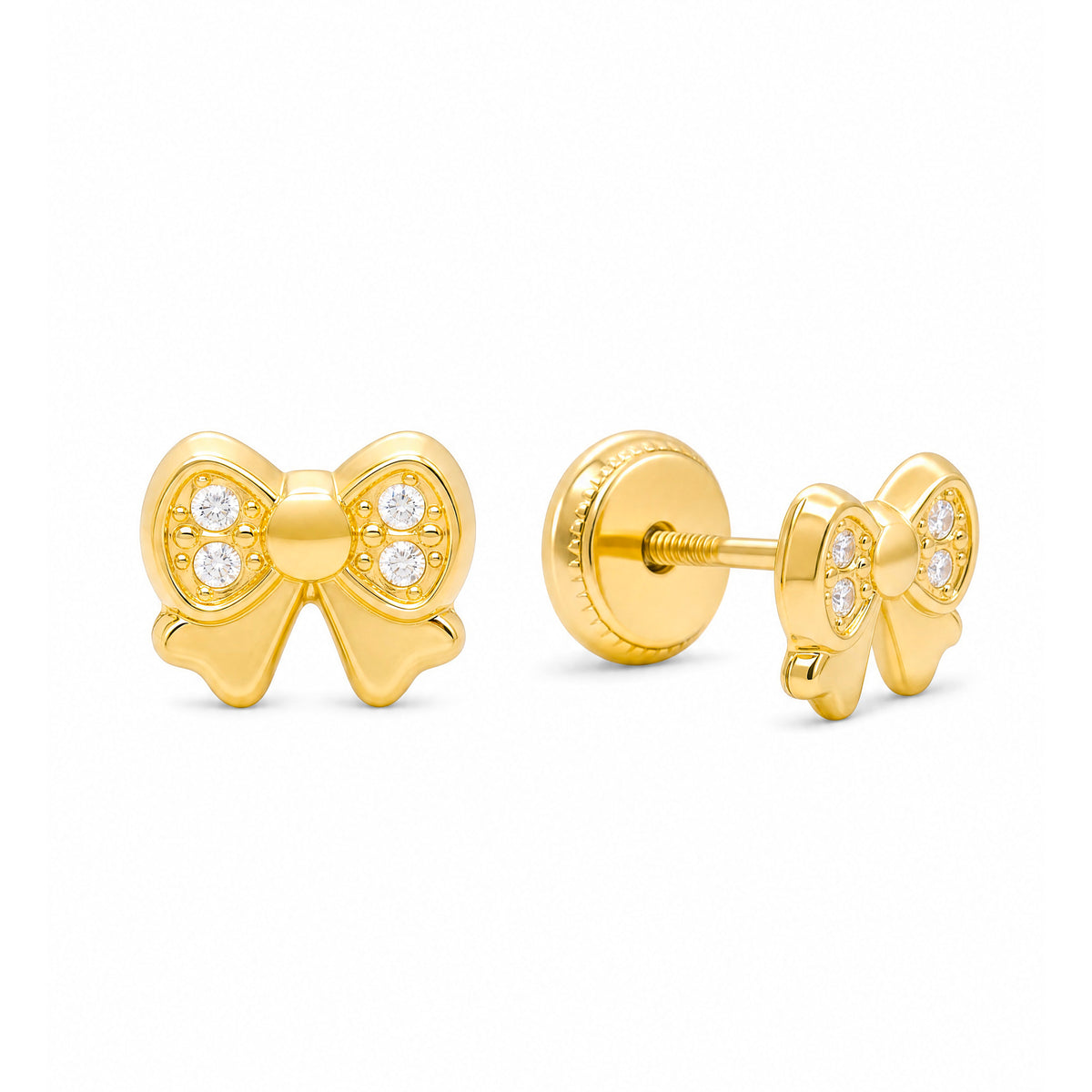 14K Yellow Gold Bow with White CZ Accents Stud Screwback Earrings