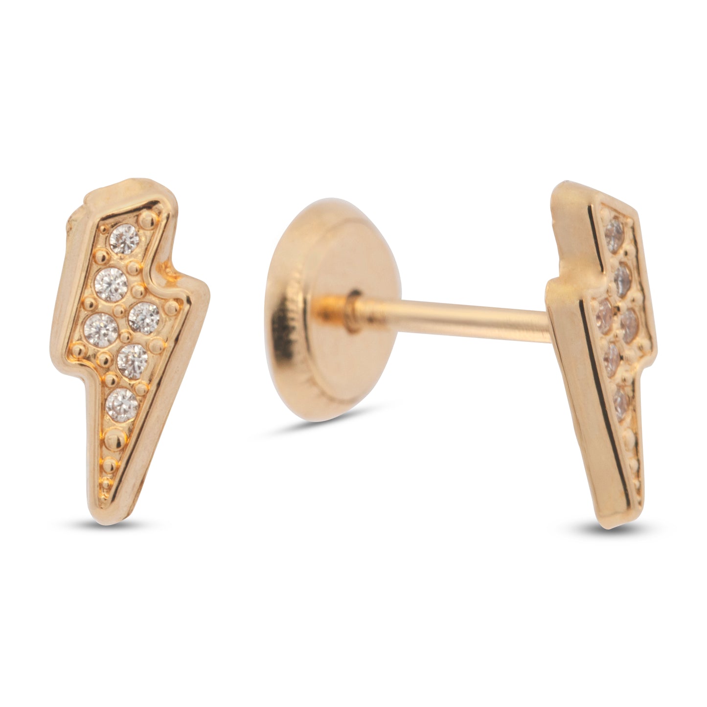 14K Yellow Gold White CZ Pave Lightning Bolt Stud Screwback Earrings