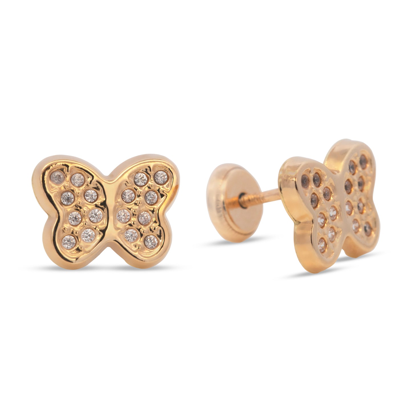 14K Yellow Gold Textured Butterfly with White CZ Accents Stud Screwback Earrings