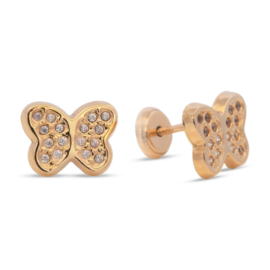 14K Yellow Gold Textured Butterfly with White CZ Accents Stud Screwback Earrings