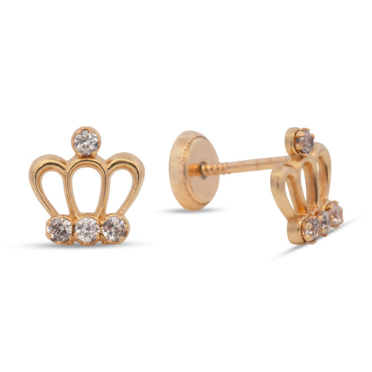 14K Yellow Gold Tiara Crown with White CZ Accents Stud Screwback Earrings