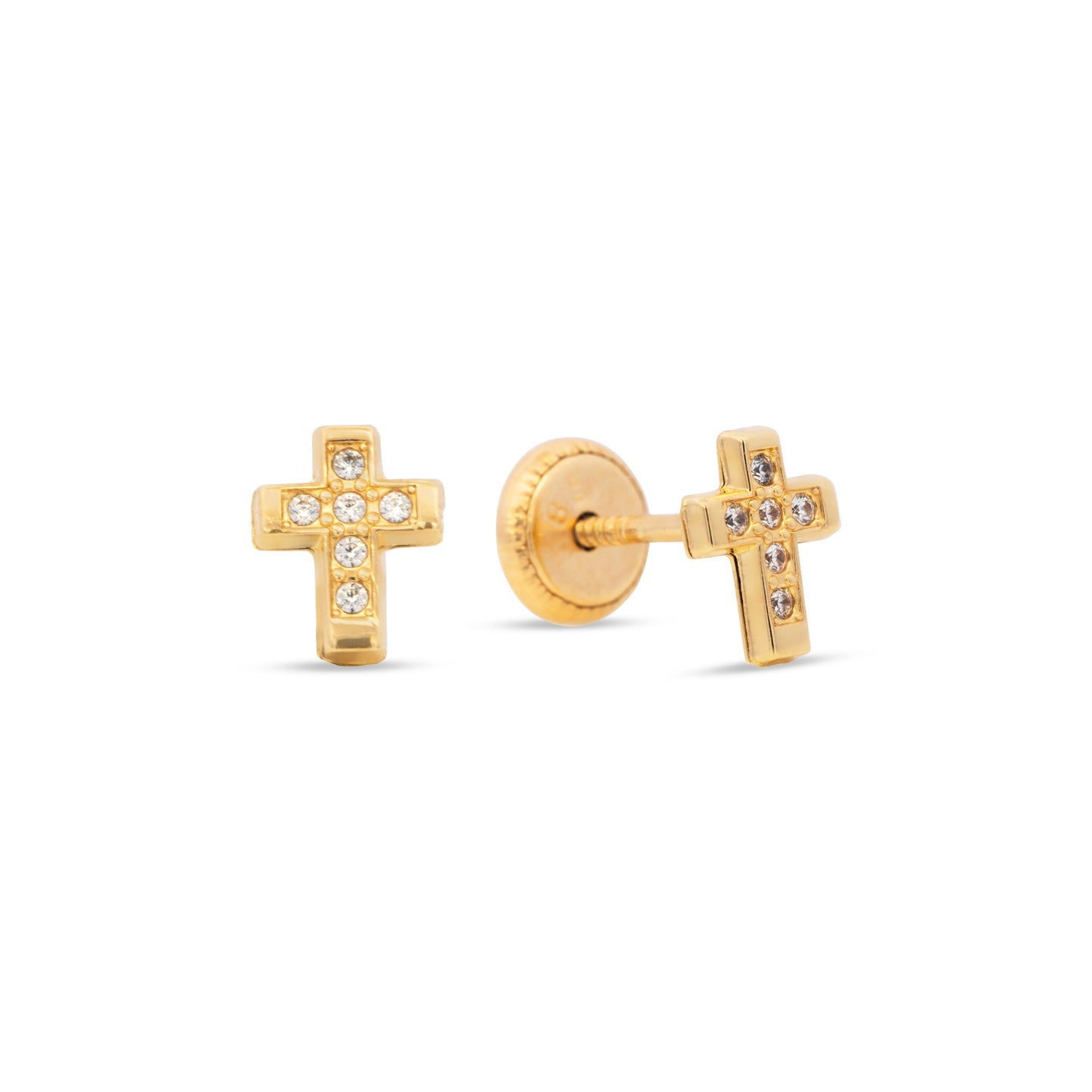 14K Yellow Gold Polished Border Pave White CZ Stud Screwback Earrings