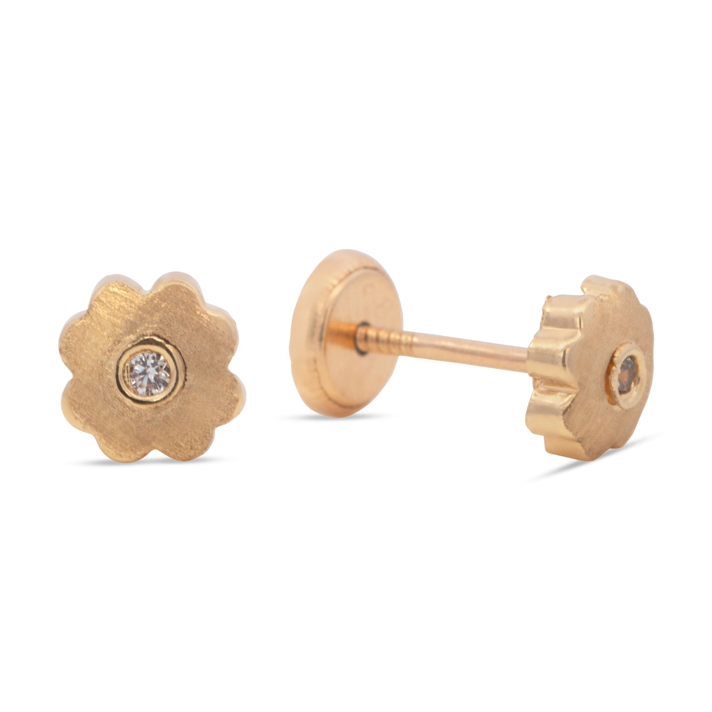 14K Yellow Gold Polished Flower with CZ Flower Stud Screwback Earrings