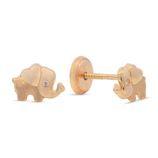 14K Yellow Gold Lucky Elephant with Solitaire White CZ Stud Screwback Earrings