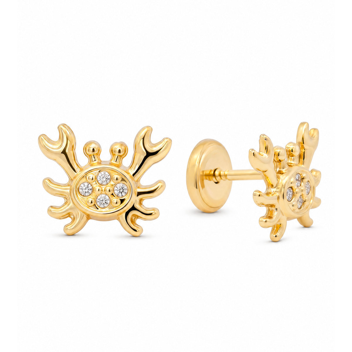 14K Yellow Gold Crab with White CZ Accents Stud Screwback Earrings