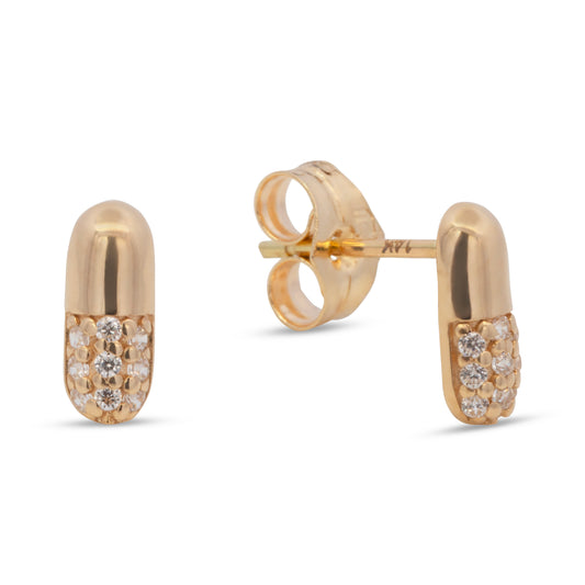 14K Yellow Gold Radiant Pave CZ Pill Stud Pushback Earrings