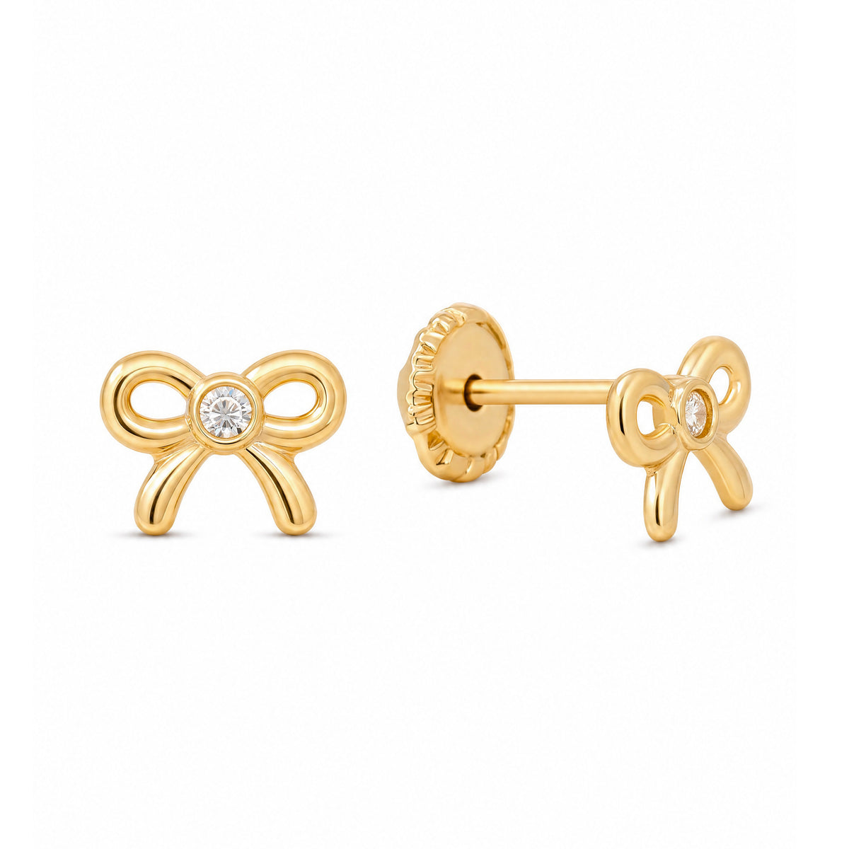 14K Yellow Gold Bow with Solitaire White CZ Accent Stud Screwback Earrings