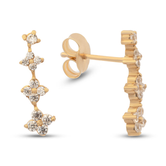 14K Yellow Gold CZ Star Burst Crawler Stud Pushback Earrings