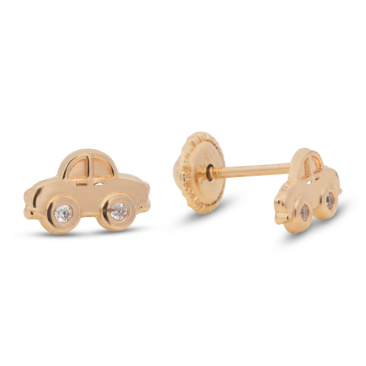 14K Yellow Gold Car with White CZ Accents Stud Screwback Earrings