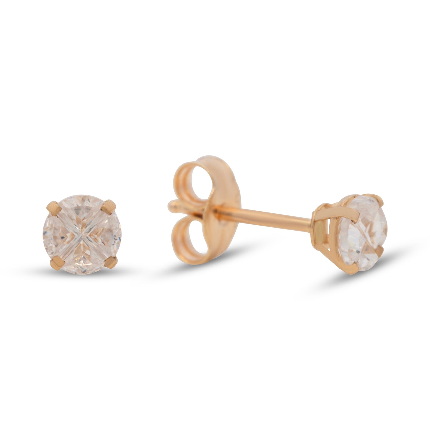14K Yellow Gold 4MM White CZ Princess Stud Pushback Earrings