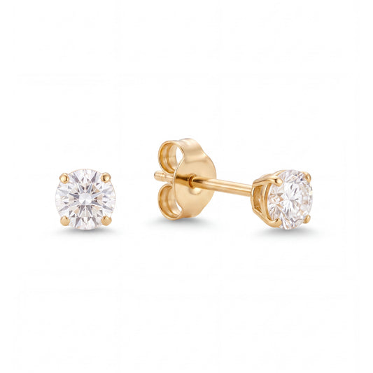 14K Yellow Gold 4MM White CZ Princess Stud Pushback Earrings