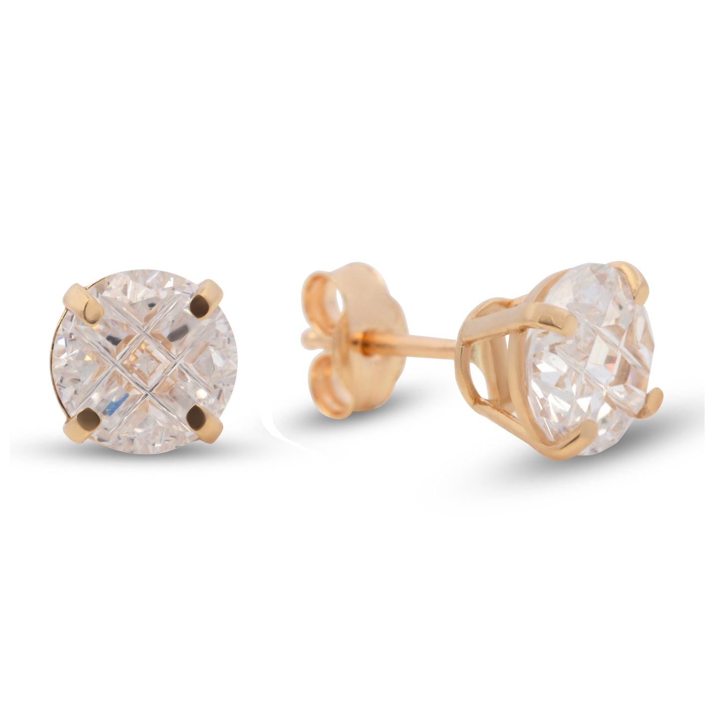 14K Yellow Gold 6MM White CZ Princess Stud Pushback Earrings