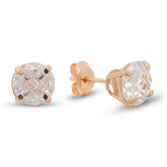 14K Yellow Gold 6MM White CZ Princess Stud Pushback Earrings