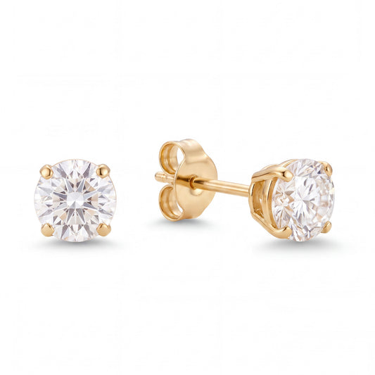 14K Yellow Gold 6MM White CZ Princess Stud Pushback Earrings