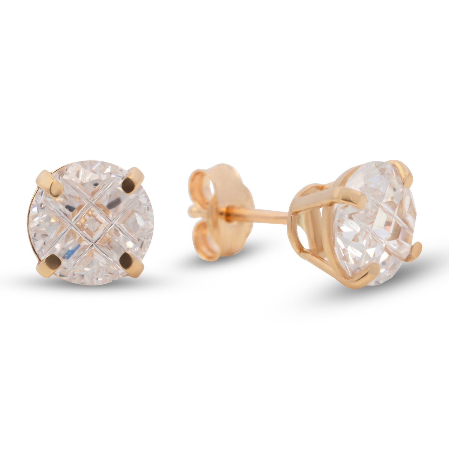 14K Yellow Gold 7MM White CZ Princess Stud Pushback Earrings